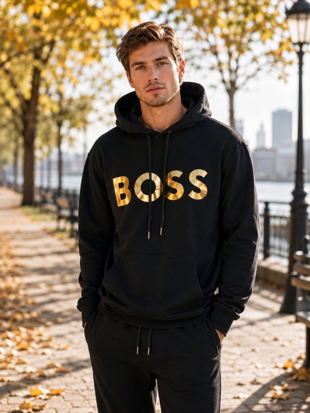 Boss Men’s Black Hoodie with Metallic Gold Log, NWOT